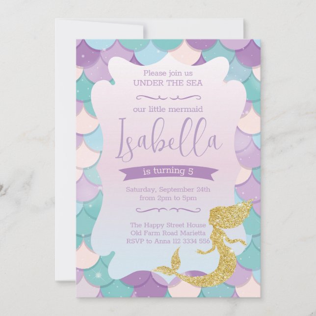 Mermaid Invitation for Birthday Party Gold Glitter Inbjudningar (Framsida)