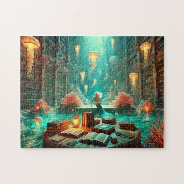 Mermaid Library Underwater Bookshelves Fantasy Pussel (Horisontell)