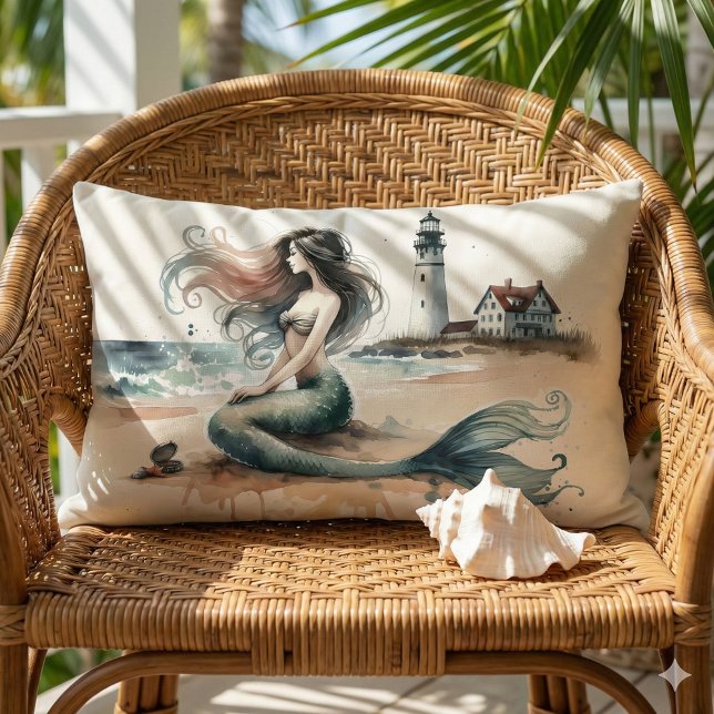 Mermaid Lighthouse Coastal Watercolor Scene Lumbarkudde (Mermaid Lighthouse Coastal Watercolor Scene Lumbar Pillow Mockup A)