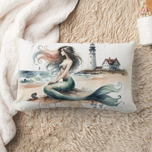 Mermaid Lighthouse Coastal Watercolor Scene Lumbarkudde (Filt)
