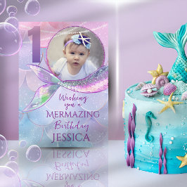 Mermaid One Photo 1st Birthday Card Kort