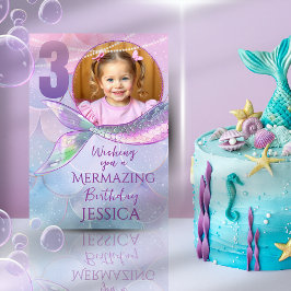 Mermaid One Photo 3rd Birthday Card Kort