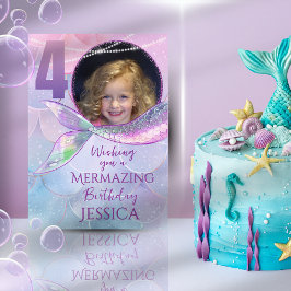 Mermaid One Photo 4th Birthday Card Kort