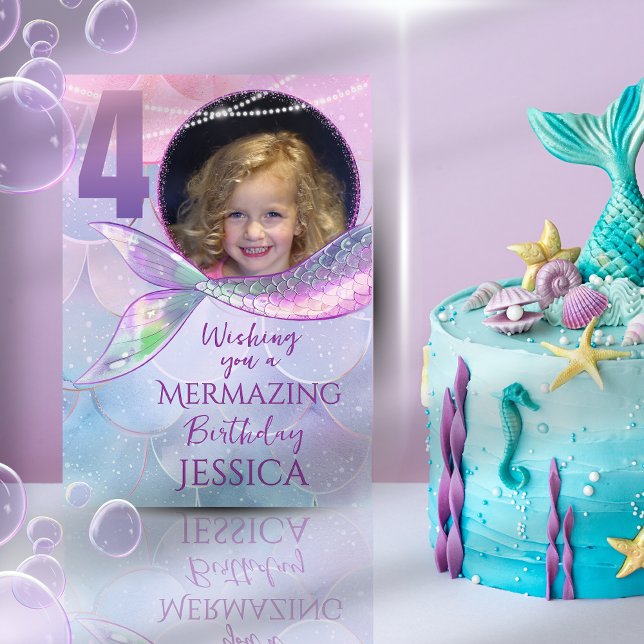 Mermaid One Photo 4th Birthday Card Kort (Skapare uppladdad)