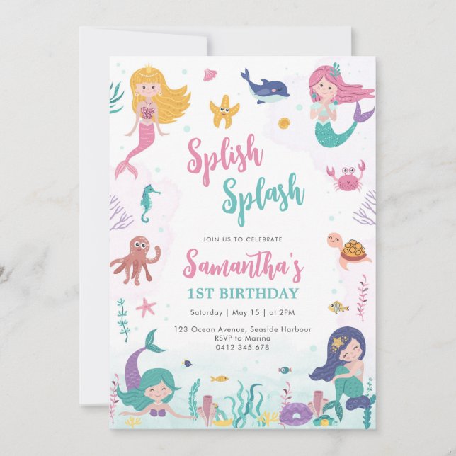 Mermaid Oneder The Sea 1st Birthday Invitation Inbjudningar (Framsida)