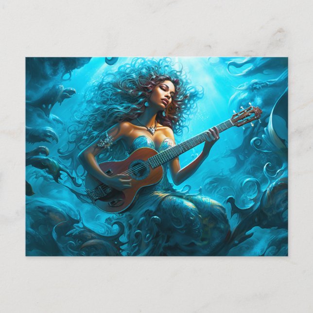 Mermaid Playing Guitar Underwater Fantasy Painting Vykort (Framsida)