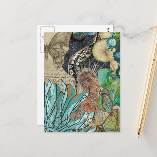 Mermaid Queen Mixed Media Collage Vykort (Fram/Back In Situ)