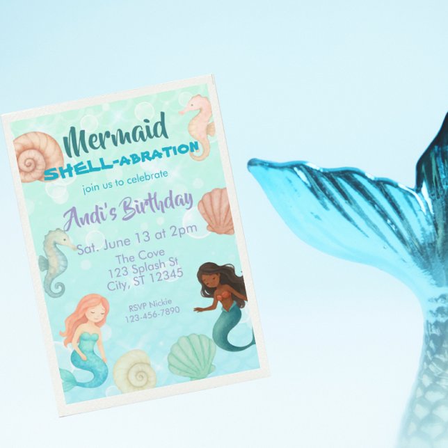 Mermaid SHELL-abration, Watercolor Birthday Inbjudningar (Skapare uppladdad)