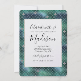 Mermaid Silver Teal Ocean Glitz Födelsedag Inbjudningar