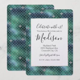 Mermaid Silver Teal Ocean Glitz Födelsedag Inbjudningar
