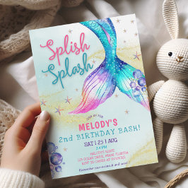 Mermaid Tail Glitter 2nd Birthday Invitation Inbjudningar