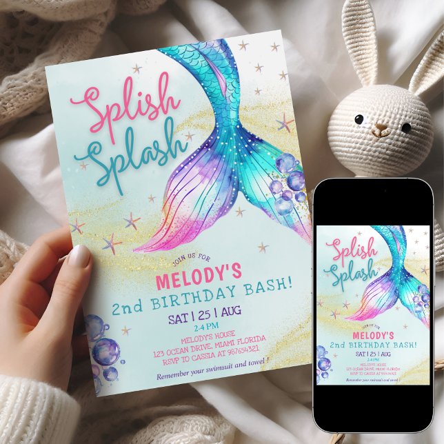 Mermaid Tail Glitter 2nd Birthday Invitation Inbjudningar (Skapare uppladdad)