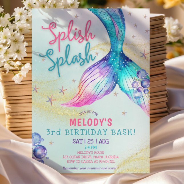 Mermaid Tail Glitter 3rd Birthday Invitation Inbjudningar (Skapare uppladdad)