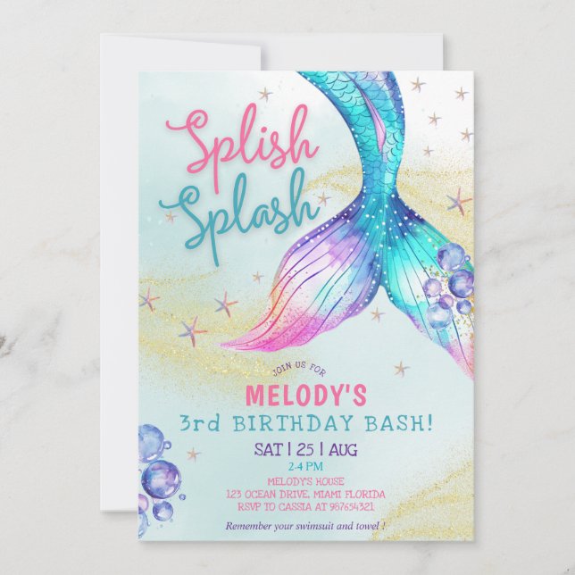 Mermaid Tail Glitter 3rd Birthday Invitation Inbjudningar (Framsida)
