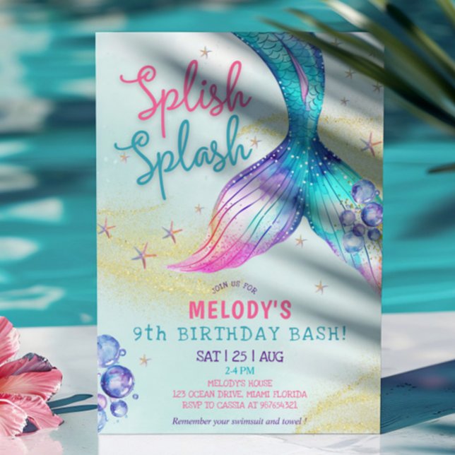 Mermaid Tail Glitter 9th Birthday Invitation Inbjudningar (Skapare uppladdad)