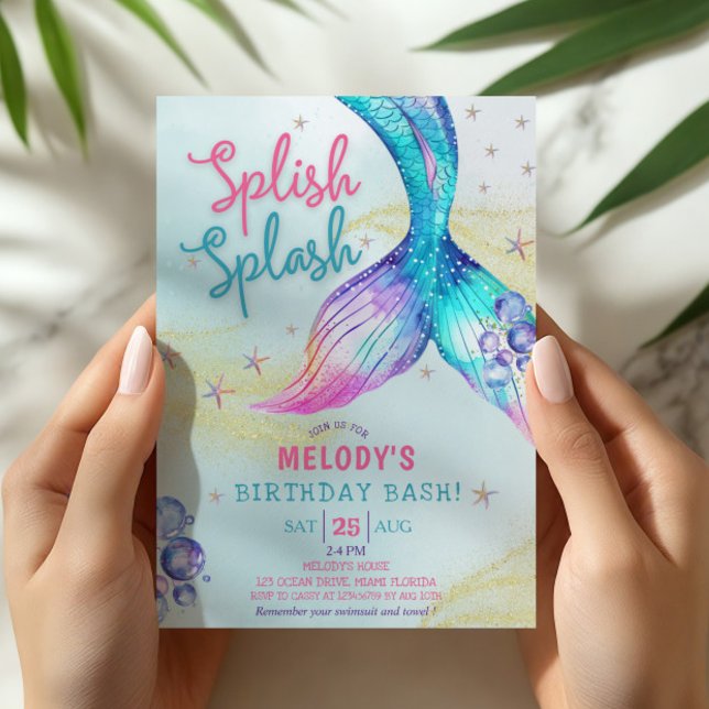 Mermaid Tail Glitter Splish Splash födelsedag Inbjudningar (Skapare uppladdad)