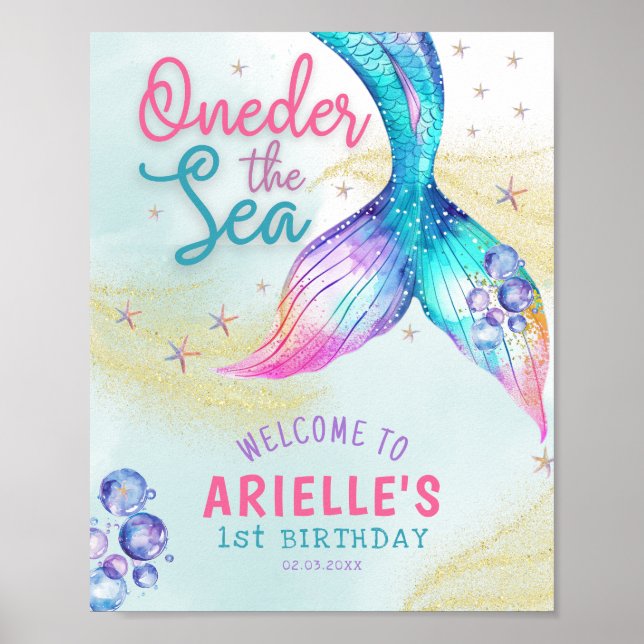 Mermaid Tail Onder the sea 1st birthday Welcome Poster (Framsidan)