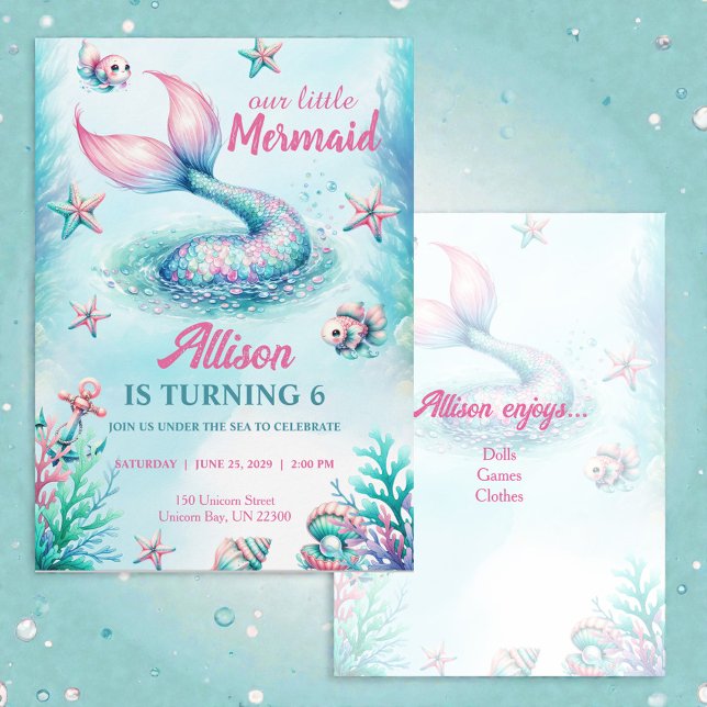 Mermaid Tail Teal Pink Girly Birthday Invitation Inbjudningar (Skapare uppladdad)