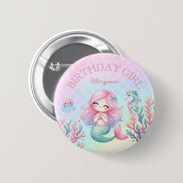 Mermaid Tail Teal Pink Girly Birthday Party Knapp (Framsida & baksida)
