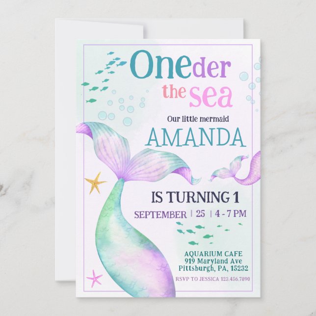 Mermaid tail Watercolor Birthday Under the Sea Inbjudningar (Framsida)