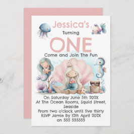Mermaid Themed 1st Birthday Invitation Inbjudningar