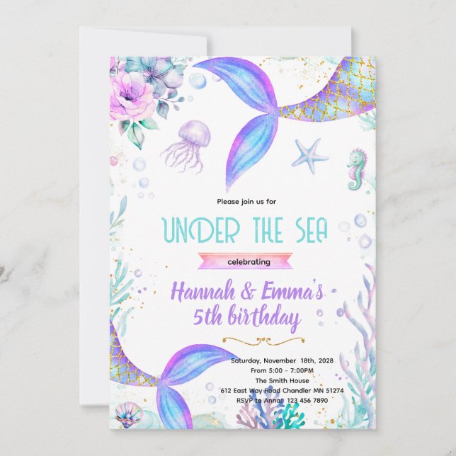 Mermaid twins party invitation inbjudningar (Framsida)