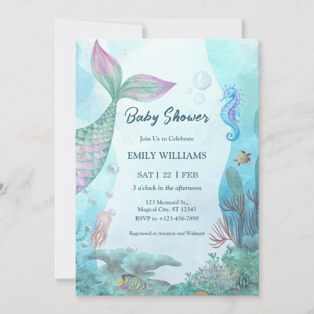 Mermaid Under The Sea Baby Shower Invitations Inbjudningar (Framsida)