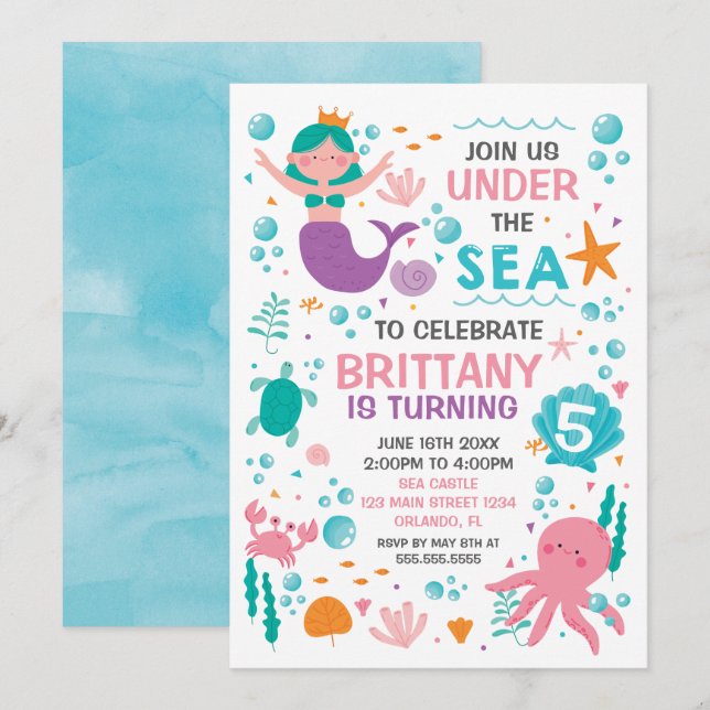 Mermaid Under the Sea birthday invitation Inbjudningar (Fram/baksida)