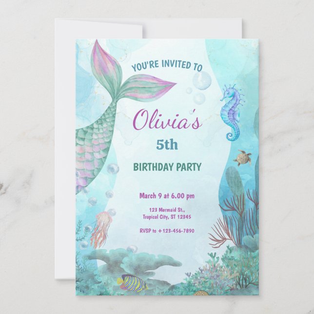 Mermaid Under The Sea Birthday Party Inbjudningar (Framsida)