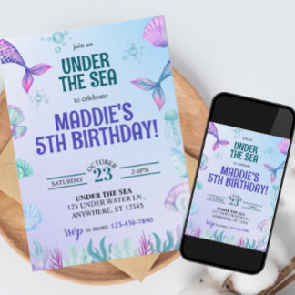 Mermaid Under the Sea Birthday Party Invitation Inbjudningar