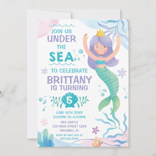 Mermaid Under the Sea cute birthday invitation Inbjudningar (Framsida)