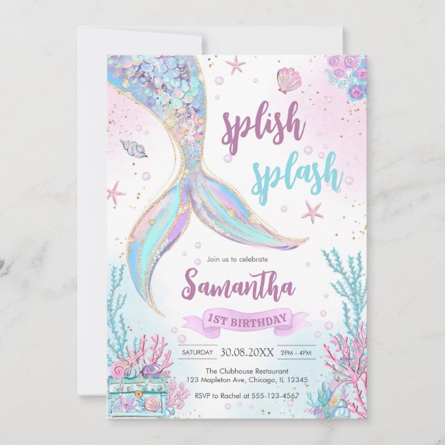 Mermaid Under the Sea Splish Splash Birthday Inbjudningar (Framsida)