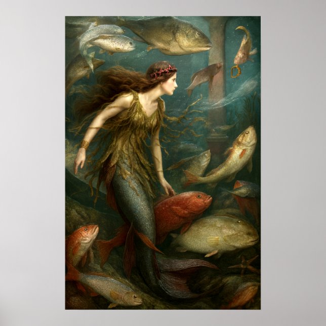 Mermaid Under The Sea With Fish Poster (Framsidan)