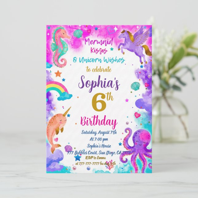 Mermaid & Unicorn Birthday Invitation Magic Party Inbjudningar (Stående Fram)