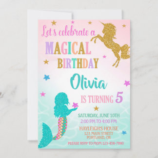 Mermaid Unicorn Birthday Invitation Magical party Inbjudningar