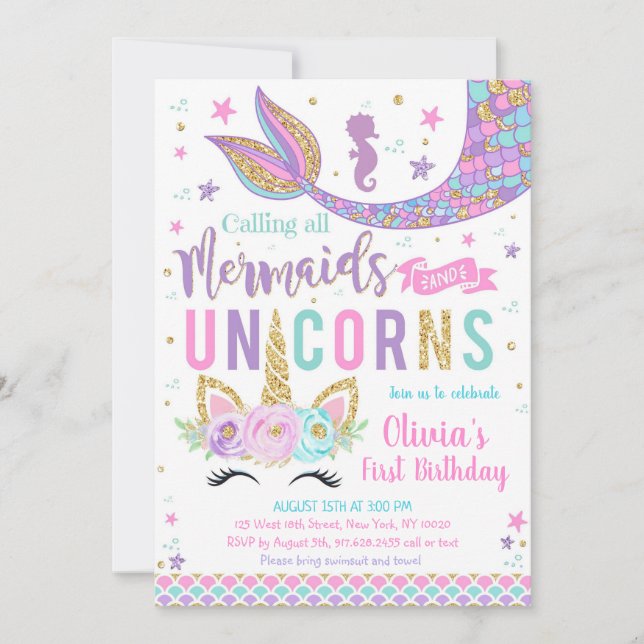 Mermaid Unicorn Girl Birthday Invitation Inbjudningar (Framsida)