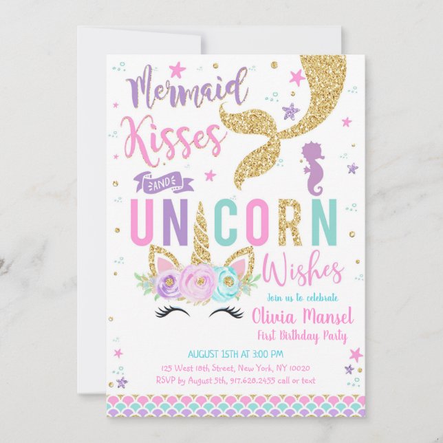 Mermaid Unicorn Girl Birthday Invitation Inbjudningar (Framsida)
