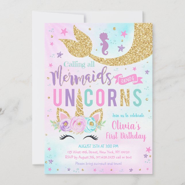 Mermaid Unicorn Girl Birthday Invitation Inbjudningar (Framsida)