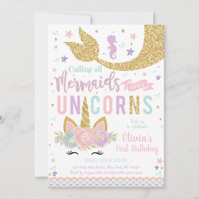 Mermaid Unicorn Girl Birthday Invitation Inbjudningar (Framsida)
