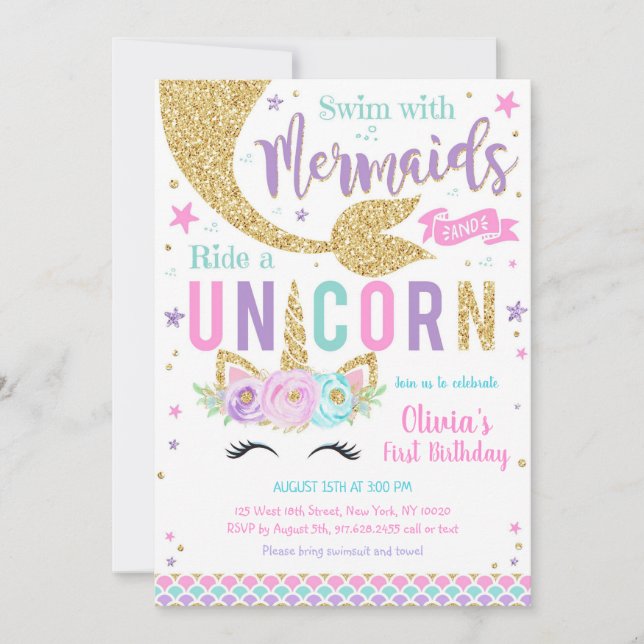 Mermaid Unicorn Girl Birthday Invitation Inbjudningar (Framsida)