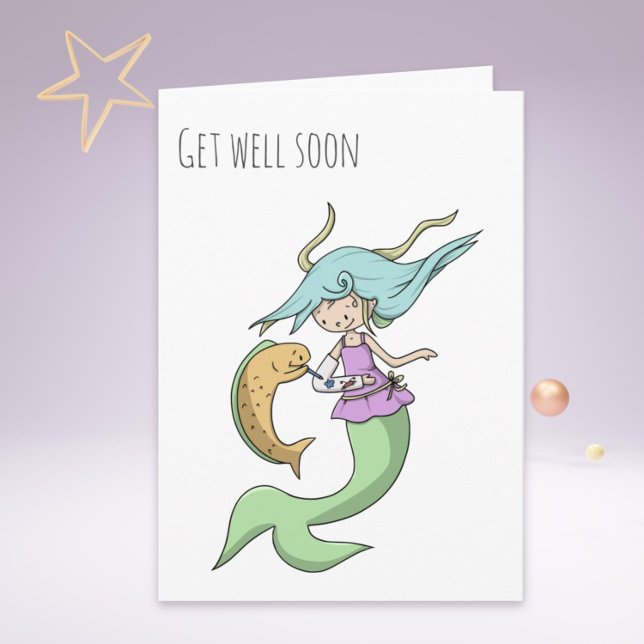 Mermaid with Broken Arm in Cast Get Well Soon Kort (Mermaid with a Broken Arm and Fish Get Well Soon Card)