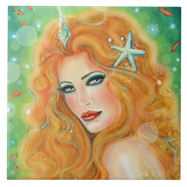 Mermaid with tropical fish art by Renee Lavoie   Kakelplatta (Framsidan)
