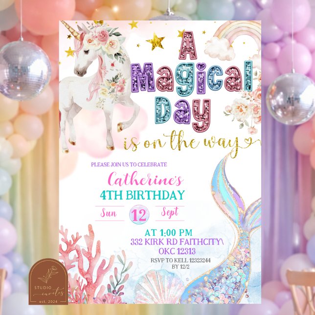 Mermaids and Unicorns Magical Birthday invitation Inbjudningar (Skapare uppladdad)