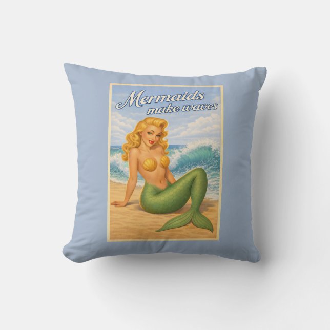 Mermaids Make Waves Retro Coastal Blue Beach Decor Kudde (Framsida)