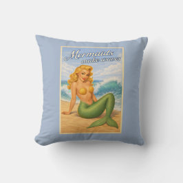 Mermaids Make Waves Retro PinUp Coastal Beach Blue Kudde