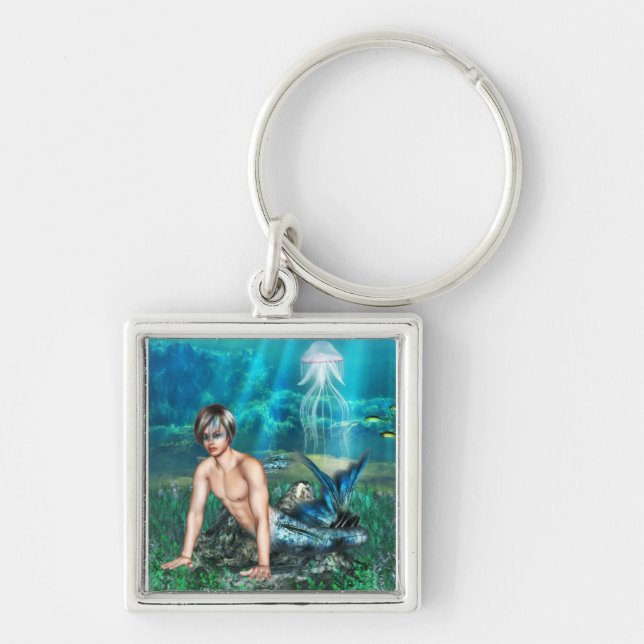 Merman Keychain Fyrkantig Silverfärgad Nyckelring (Framsidan)