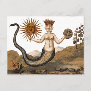 Merman med tre Ansikte medeltida symbol Vykort