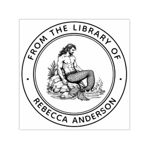 Merman på Sten Ex Libris Bookplate Bibliotek Bok Självfärgande Stämpel