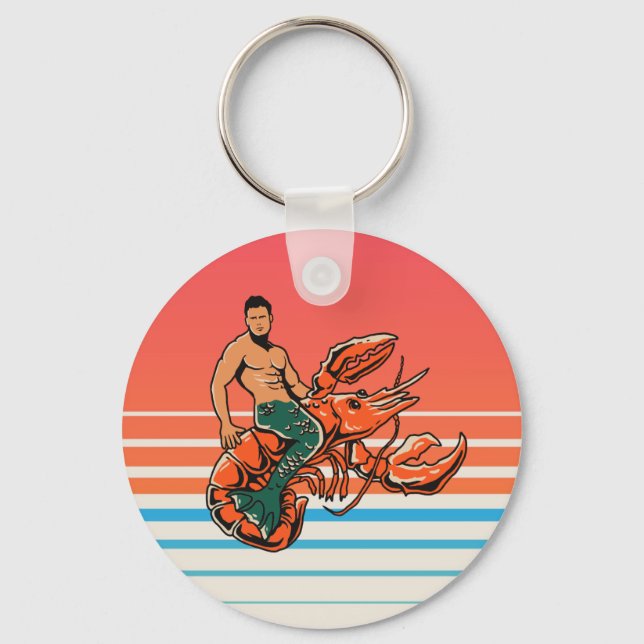 Merman Riding Lobster Button Nyckelring (Framsida)