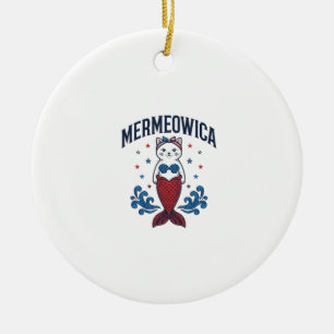 Mermeowica Patriotisk Katt Havsfrusko Design_1 Julgransprydnad Keramik